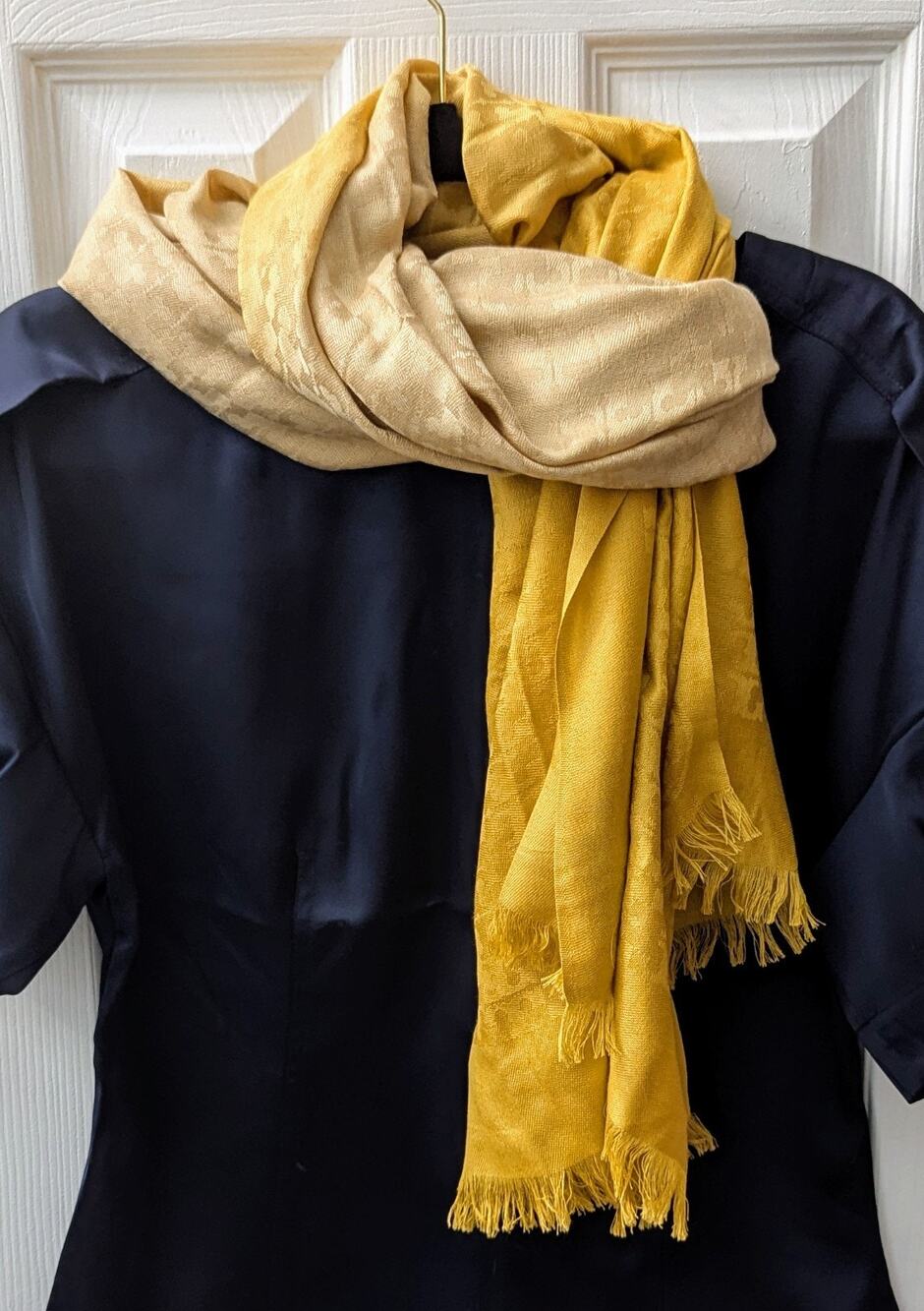 Tory Burch T Logo Monogram Silk & Cotton Scarf 26"x79" Ombre Yellow Cream